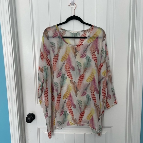 Newbury Kustom Boho Multicolor Feather Print Lightweight Sheer Tunic Top; Small - Picture 10 of 11